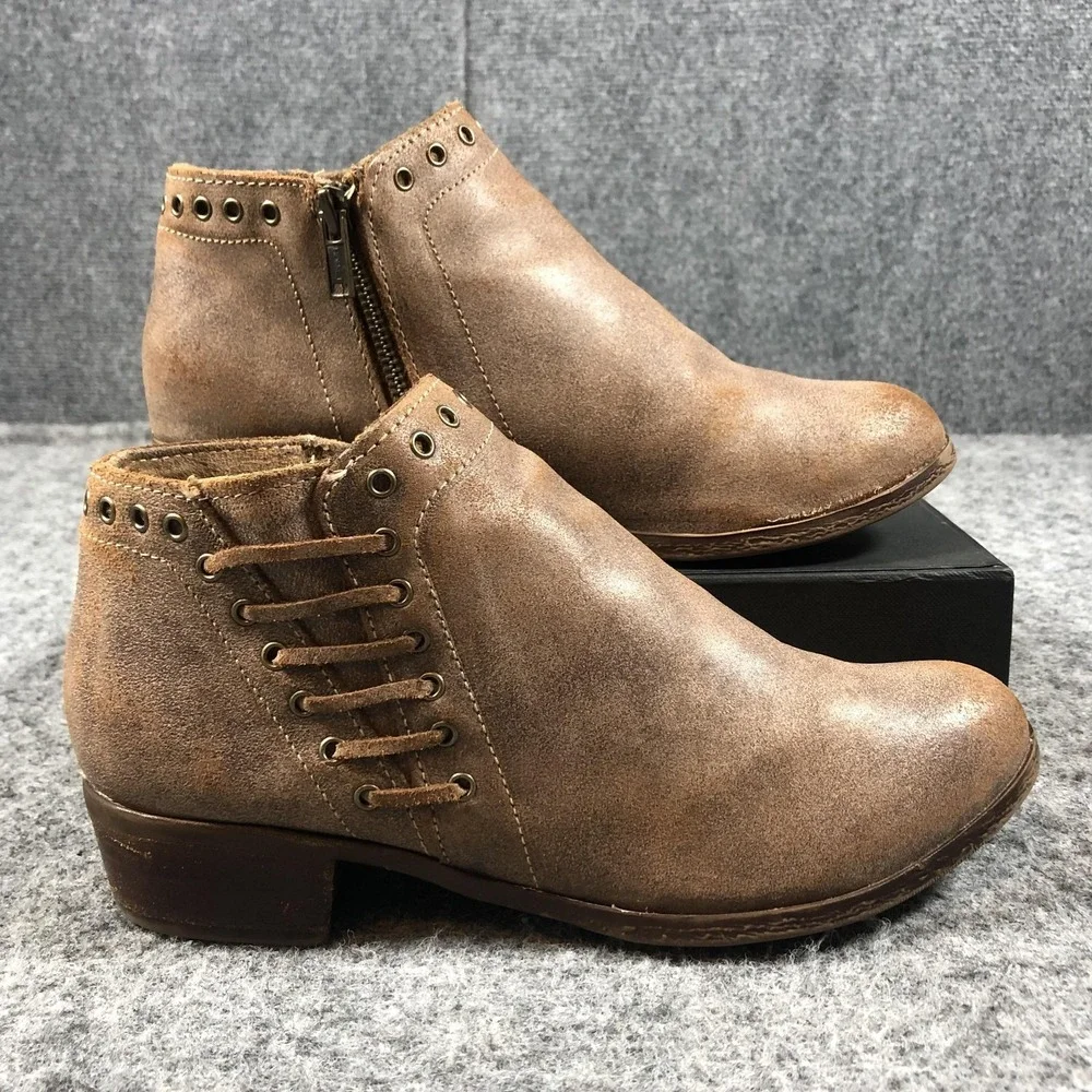 Minnetonka Womens 8‎ Brown Leather Studded Ankle Boots Zip Block Heel